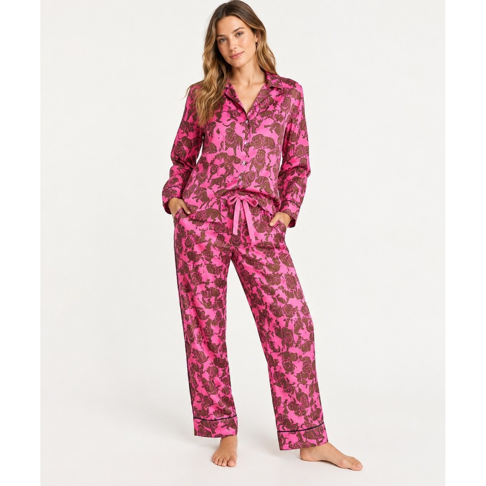 J Crew Collection  Pajama Set Silk Sleepy Lion Pink Brown Size 6